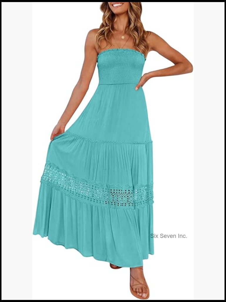 Strapless Off Shoulder Lace Flowy Maxi Dress For Beach Vacation
